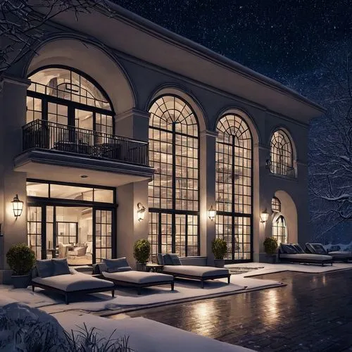 On a snowy day with light snow, a little light is shining from indoors. ,a luxury building with pool and lounge chairs, snow on ground,beautiful home,winter house,luxury home,dreamhouse,luxury home in