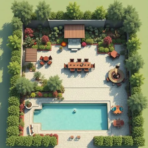 Plan view for a residential landscape plan, with splashes of color, incorporate elements such as a vegetable garden, a firepit, a water feature, a large outdoor dining area, a hot tub, and a space for