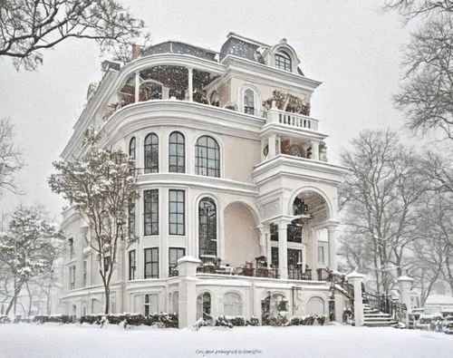 On a snowy day with light snow, a little light is shining from indoors. ,a large victorian style house covered in snow,old victorian,victorian house,winter house,victorian,mansard,henry g marquand hou