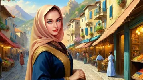 Romantic masterpiece oil painting, beautiful girl portrait, abaya dress, nostalgic 1950's style kitsch, breathtaking beautiful epic vast landscape, majestic scenery, street bazaar, highly detailed, hi