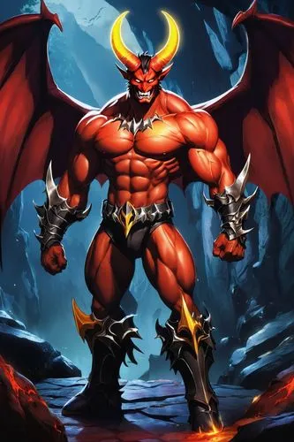Asmodee demon, male, muscular, red skin, sharp teeth, glowing yellow eyes, horns, bat-like wings, black leather armor, silver buckles, dark magic aura, standing, cave entrance, dark misty background, 