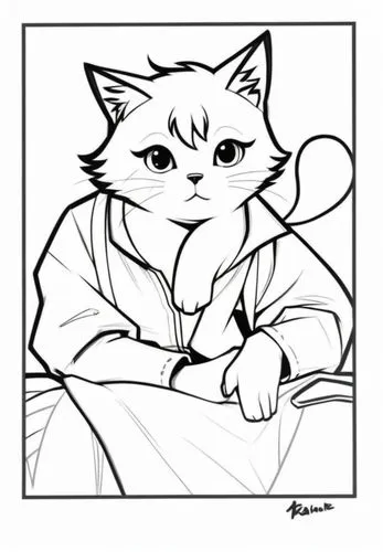 Minimalist anime character, shonen proportions, boyish haircut. Cat ears, upturned nose, round face. Cyberpunk outfit. "Akira Kazama" influence.,a cartoon cat wearing a shirt and pants,cat line art,si