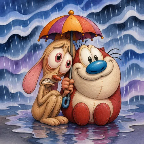 ​A vibrant cartoon illustration featuring two quirky, expressive plush toy characters in the classic 90s animation style of Ren and Stimpy, but clean and without any gross-out elements. One neurotic, 