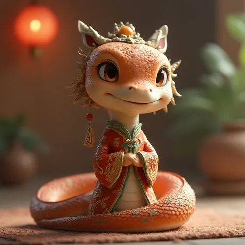 snake,snake,snake,A charming animated character with a snake-like body,adorned in traditional Chinese attire and accessories,,an orange doll is in a snake costume,mekachera,navaratri,shabdrung,mushu,t