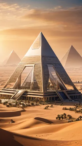 futuristic city in the desert near the pyramids ,pyramids,giza,the great pyramid of giza,khufu,eastern pyramid,kharut pyramid,ancient civilization,futuristic landscape,pyramid,ancient egypt,the cairo,