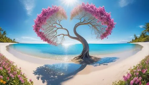 Un árbol con forma de corazón en la playa, rodeado de flores. Cielo azul, un hermoso día de verano, palmeras y agua que brilla bajo el sol.,a painting of a tree with pink flowers on it,flourishing tre