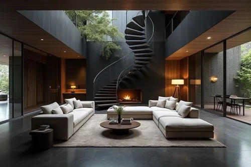 Italian Modern interior design in the style of aesthetics, Poliform Furniture style，Premium and Luxury， Exquisite, modern， large windows， The living room is adorned with elegant sofa sets, Large space