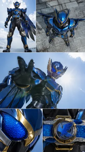 Kamen Rider with a blue hawk theme and styling,   ,pictures of the metal armor of an ultra man,sky hawk claw,core shadow eclipse,dark blue and gold,sigma,wing blue color,dragoon,cobalt,knight armor,bl