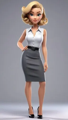 The image is a full-length portrait of a young woman standing with her hands on her hips. She is wearing a white sleeveless top with a black skirt and grey high heels. Her blonde hair is styled in loo