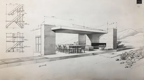 Pool house. Forest behind. Cozy dining group. Sofa and long fireplace. ,an architectural drawing of a house with the floor plan, and a patio,unbuilt,archigram,cantilevers,sheeler,bridge - building str