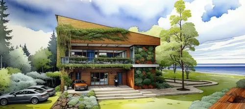 an artistic rendering of a home next to a body of water,prefab,prefabricated,luxury property,smart house,house by the water,pool house