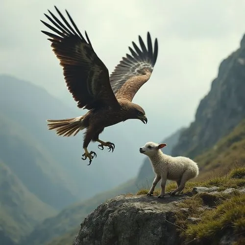 The eagle, in a gliding flight, faces an attack on the lamb, which is on the mountain ledge. The lamb tries to run away, but the eagle, with its strong claws, grabs the baby goat and drags it into the