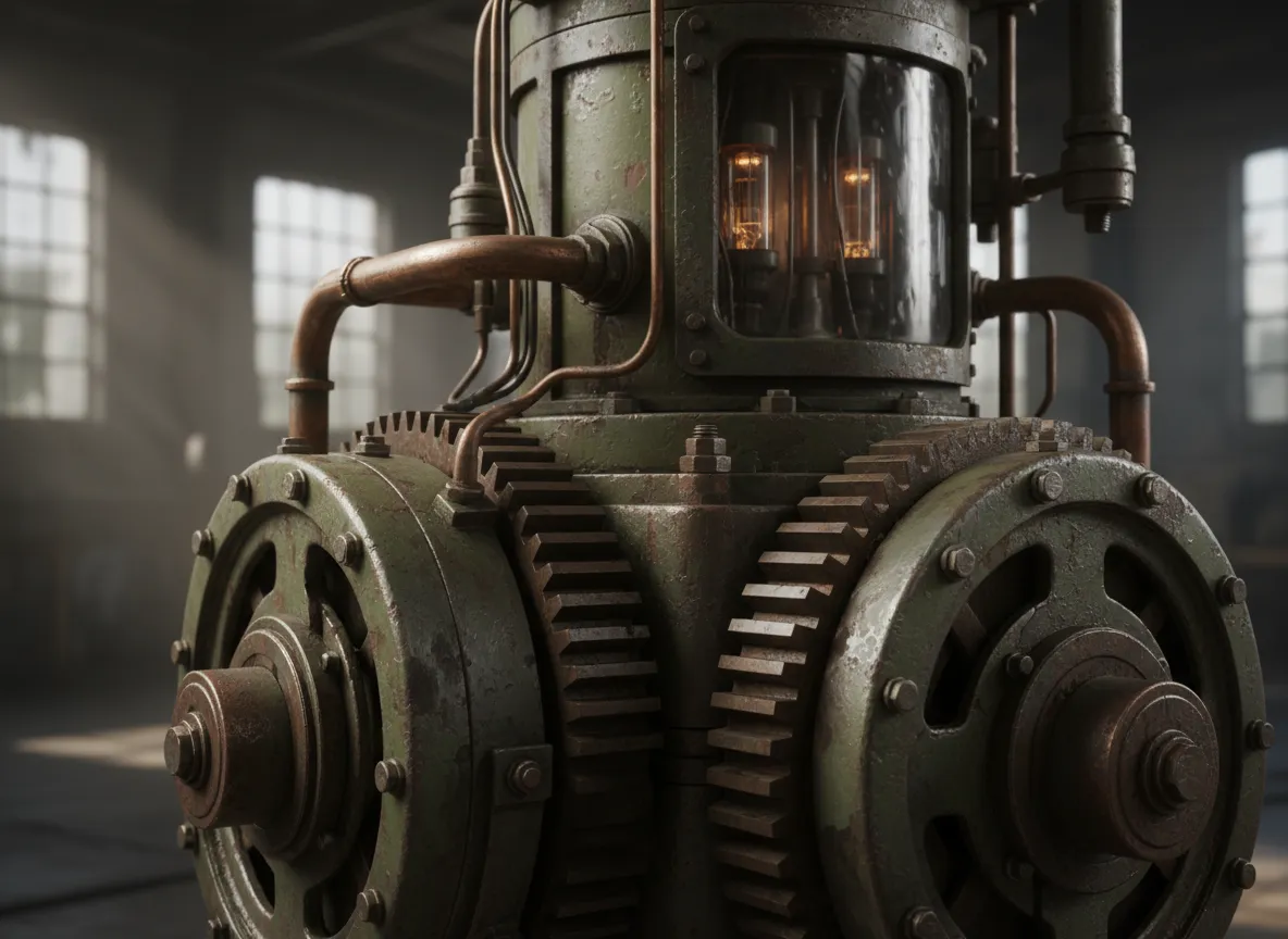 Eine Nahaufnahme von KI-generierten Vintage-Maschinen, die die realistische, raue industrielle Textur und den metallischen Glanz hervorhebt.