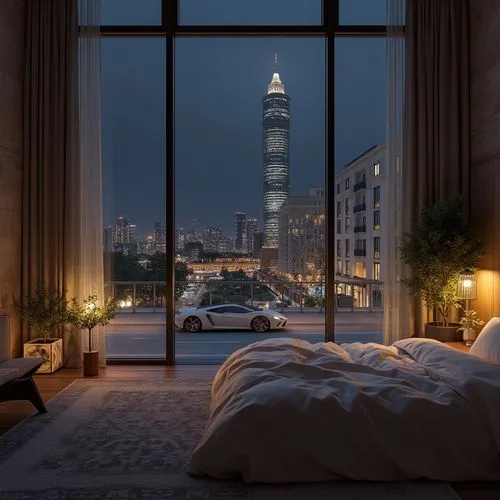 nighttime view of a city street with a tall building and a car, mantra rendering, rendering of checkmate, exterior shot, rendered in corona, artistic render, rendering, mid-view, architectural renderi