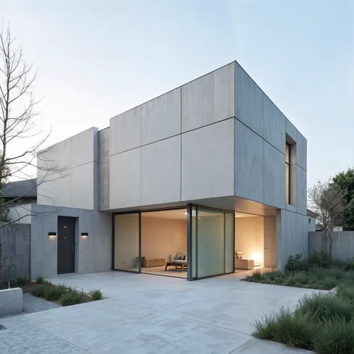 Modern Villa, Modern, Clean geometry,,a gray building with lights on at twilight,cube house,siza,cubic house,modern house,dunes house,exposed concrete,modern architecture,residential house,frame house