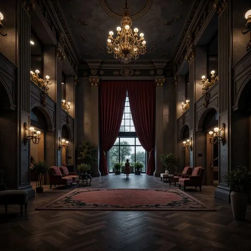 Luxurious mansion, dark gray stone fa\u00e7ade, elegant columns, grand entrance, ornate details, lavish chandeliers, rich wood flooring, sophisticated furnishings, velvet drapes, mysterious ambiance, 