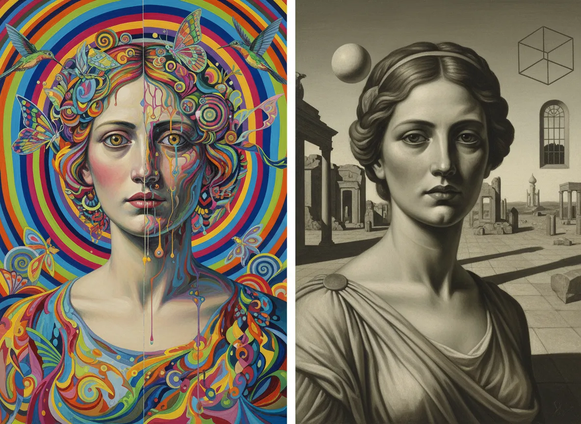 एक ही विषय के दो अतियथार्थवादी चित्रों की साथ-साथ तुलना, एक जीवंत साइकेडेलिक कला शैली में और दूसरा एक शांत, शास्त्रीय आध्यात्मिक कला शैली में।