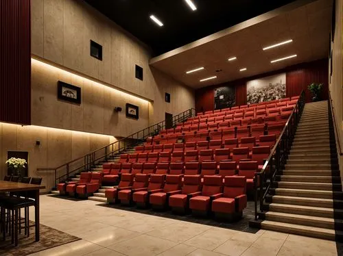 Luxurious cinema, streamlined modern architecture, high-ceilinged lobby, grand staircase, polished marble floors, minimalist decor, sleek metal handrails, plush red velvet seats, state-of-the-art proj