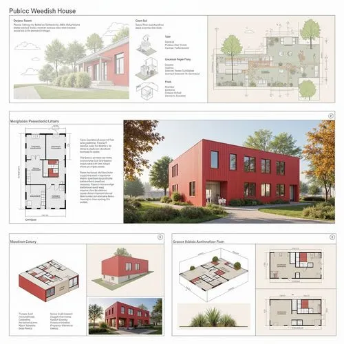 architectural presentations board of a red swedish house design with floorplans, isometric views, sections, tecnical details, 3d rendered views in pastel theme with illustrations and text neat composi