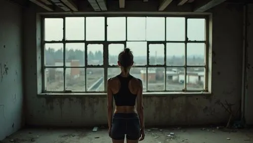 A pensive woman at an abandoned factory window, wearing a sleeveless top and athletic shorts.,woman looking out a window with a view of buildings in the background,anorexia,woman silhouette,empty room
