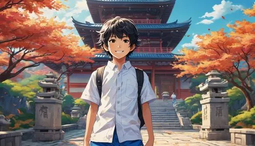 Shotaro Ishinomori art style, Shota boy, 10yo, mischievous smile, bright curious eyes, messy black hair, casual wear, white shirt, blue shorts, sneakers, standing, one hand in pocket, playful pose, Ja