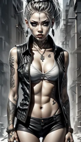 a woman in a bikini standing on a street,hard woman,cybernetic,female warrior,tattoo girl,cyborg,punk design,muscle woman,sci fiction illustration,cybernetics,blackguard,goth woman,female body,metal i