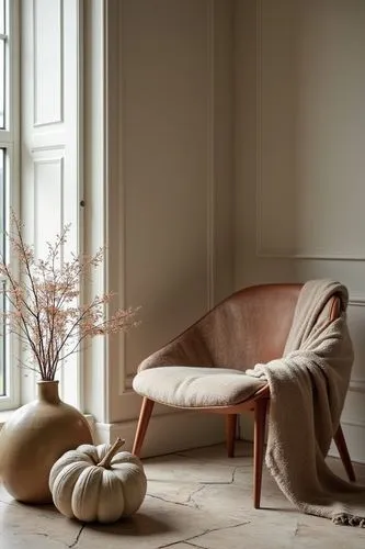 Fall home decor, fall vibe, autumn, ultra realistic, close shot, harvest season decor, minimalist ,the fall arrangement in front of an open window with two chairs,danish furniture,soft furniture,ekorn