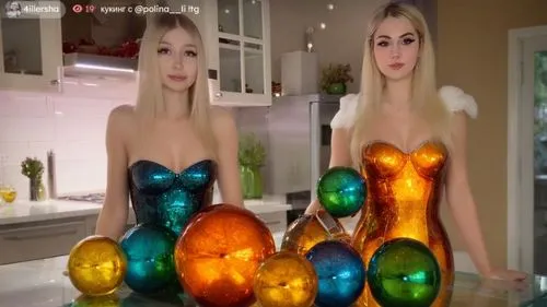 
Эта девушка  потрясающе красивая амазонка из цветного стекла, тело из цветного стекла, ЭКЗОСКИЛЕТ из цветного стекла
,two girls are standing near glass balls on a counter,colored eggs,colorful eggs,e