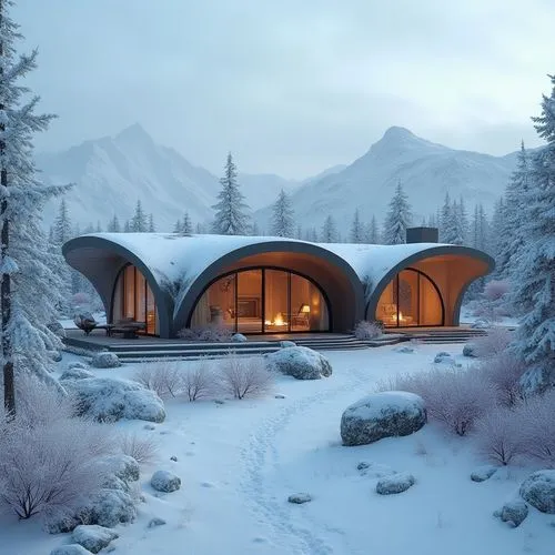 Develop a villa in the tundra with arched roofs for snow shedding, heated patios, and a fireplace at the heart of the home.,a beautiful alpine style log cabin that looks like it has windows,igloos,sno