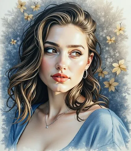 an illustration black and white of a beautiful  caucasian girl 24 years old, her big brown eyes are open and looking over her left shoulder, she has red lips with black eyeshadow, she wearing a blue t