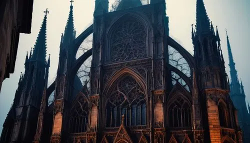 Gothic architecture, grand cathedral, intricately carved stone walls, stunning stained glass windows, towering spires, ornate crosses, mysterious ambiance, dimly lit interior, vaulted ceiling, ribbed 