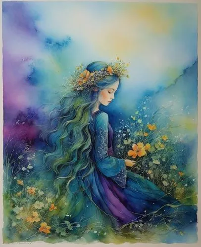 the painting is colorful, and features a  with long hair,flower painting,girl in flowers,faery,faerie,flower fairy,watercolor background,watercolor women accessory,fairy queen,watercolor painting,girl