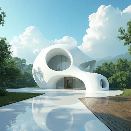 An ethereal 3D architectural masterpiece in the style of Roberto Carlos Gómez Castro — a finely detailed white house with an intricate, elevated on a polished wooden platform. The composition blends c