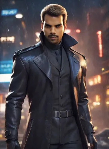 "Albert Wesker from Resident Evil, depicted in a hyper-stylized, ultra-high-definition cinematic portrait. Wearing his iconic sleek black tactical trench coat with detailed leather textures, subtle fu