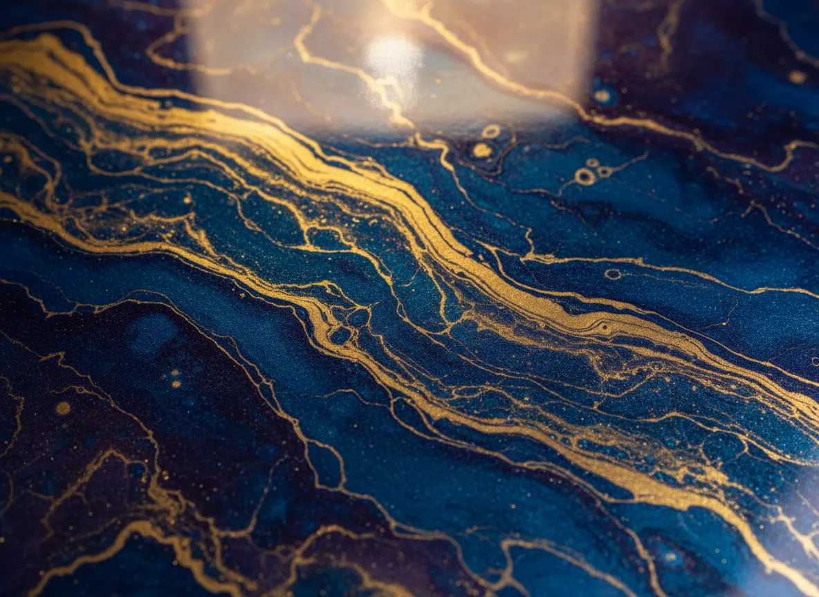 Ein detailliertes, nahes KI-Rendering eines komplexen metallischen Epoxidharzbodenmusters mit schimmernden Gold- und tiefblauen Adern.