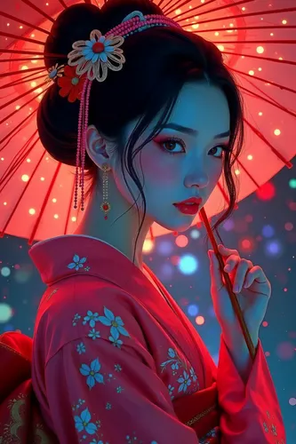 a woman holding an umbrella is standing in the rain,oriental girl,asian costume,kimono,cyberpunk style