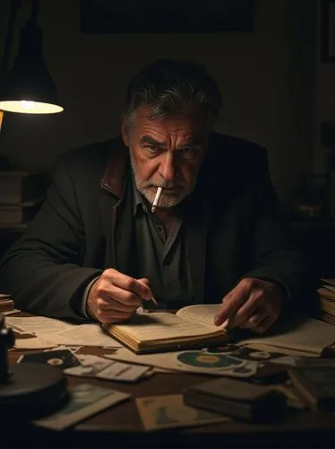 A seasoned detective in a dimly lit room, studying an old case file under a single, flickering lamp. He’s in his late 50s, with a rugged face, a cigarette dangling from his lips, and a weary but deter