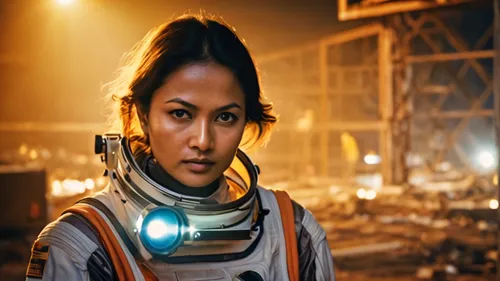 john woo style Cinematic closeup, Woman wearing spacesuit gazing at the camera holding a set square, fantastic llighting, back light projector, orange and yellow, construction site scene, cross proces