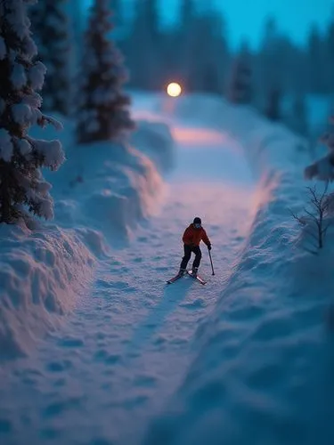 Ultra-macro, Macro, Tilt-shift photography, The roll of paper has turned into a speeding ski slope, Tiny people, Nothing else, Minimalist, Simple, Healing, Surrealism. ,a person riding skis down a sno