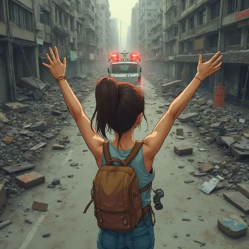 Escena estilo comic ambientada en una ciudad devastada por una catástrofe. Una chica morena con coleta alta, vestida con un tank-top azul claro y vaqueros desgastados, lleva una mochila marrón al homb