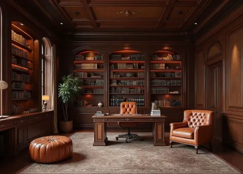 A luxurious classical study with rich dark wood paneling, a leather-tufted armchair and desk, integrated bookshelves with warm accent lighting, a plush area rug, and intricate detailing on furniture, 