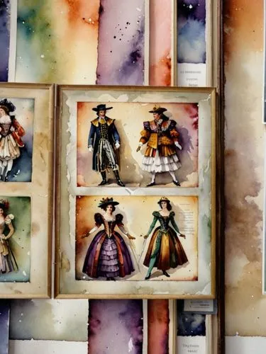 Театральные костюмы,four paintings of people dressed in period outfits,watercolor frames,watercolor frame,watercolor shops,watercolors,watercolor baby items,watercolor tea