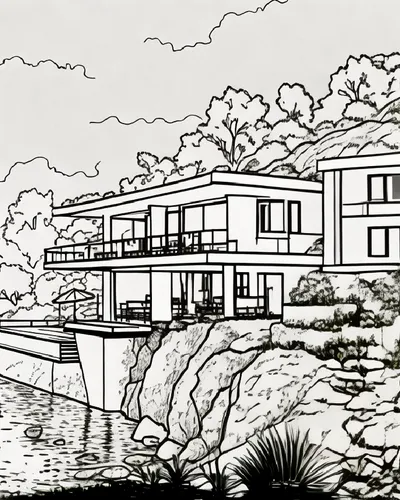 camera move to right,inks,inking,dunes house,neutra,mid century house,pencilling,penciling,house drawing,mono-line line art,sketchup,beach house,humphreville,house with lake,house by the water,earthsh