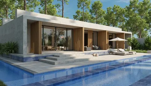 
A photo-realistic rendering of a modern, minimalist house with a contemporary design, situated by a swimming pool. the house is a two-story, concrete structure with a sloping roof and large sliding g