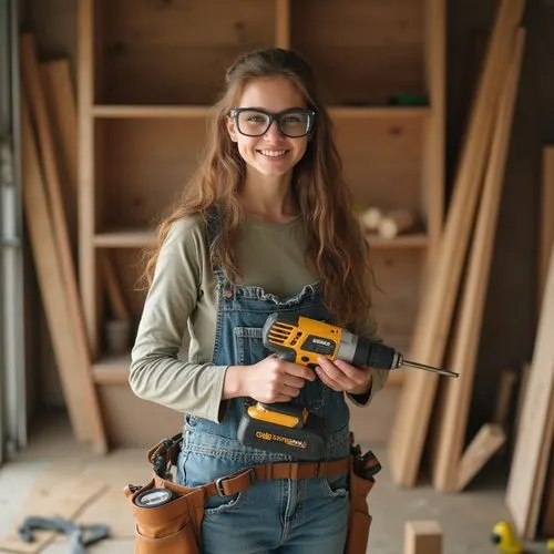 A teenage girl designing a DIY project in her garage, building a bookshelf with a power drill in hand. She’s wearing protective goggles and a tool belt, surrounded by wood panels and measuring tape.,s