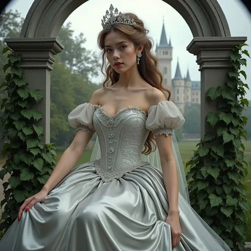 A photo-realistic shoot from a frontal camera angle about a beautiful woman in a silver wedding dress sitting elegantly in an archway surrounded by greenery, with a castle in the background. on the mi