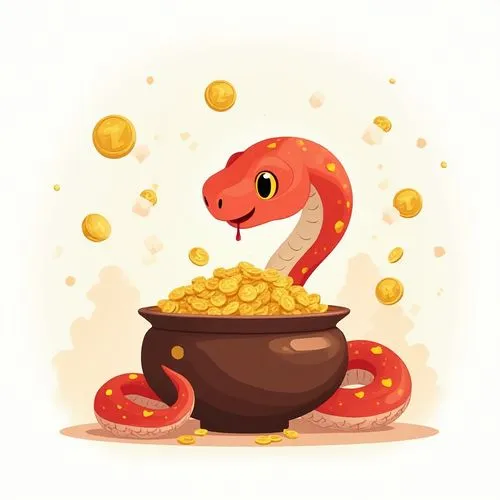 red snake,Ultra HD image of a vibrant cartoon snake with vector design holding a bowl filled with gold coins, symbolising wealth and prosperity. The snake is in a rich red colour with yellow and white