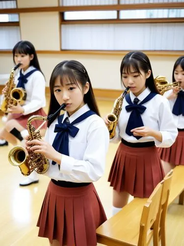 Japanese schoolgirls making music.,a group of women with uniforms holding instruments,euphoniums,euphonium,wind instruments,trombone concert,tubas,serenaders