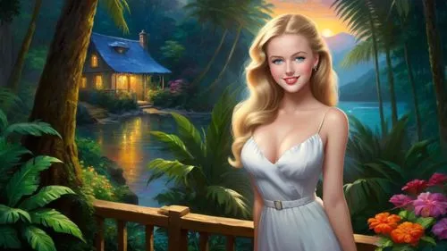 Romantic masterpiece oil painting, cute girl portrait, nostalgic 1950's style kitsch, vibrant rainforest landscape, lush tropical jungle paradise, summer beach vacation seaside cottage scenery, by Tho