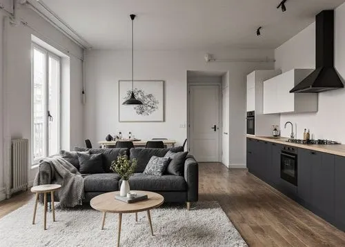 Living room with kitchen, industrial brutalist and Nordic style




,this is a modern living area with wood floors and a grey couch,danish furniture,modern decor,contemporary decor,shared apartment,lo